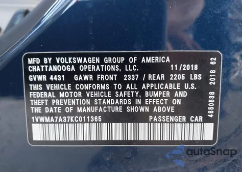 2019 Volkswagen Passat 2.0T Se R-Line из США, поврежденный, VIN 1VWMA7A37KC011365